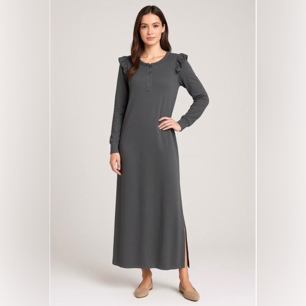 REVOLVE Z Supply NWT Ruffle Henley Maxi Dress Charcoal Gray Long Sleeve, Medium. - Picture 5 of 14